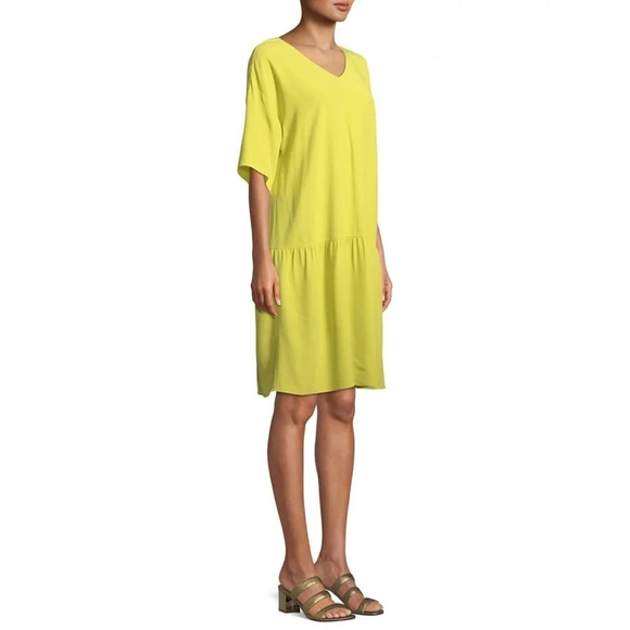 EILEEN FISHER NWOT Petite Drop Waist Tie Back Shirtdress in Yellow - Picture 2 of 9